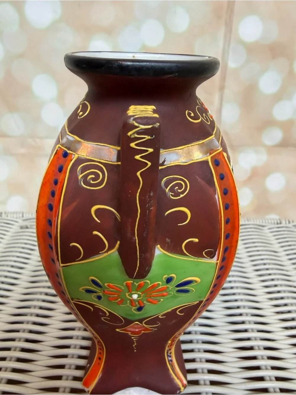 Vintage Japanese Kutani Satsuma Moriage Art Nouveau Handled Vase  Japan 6.25